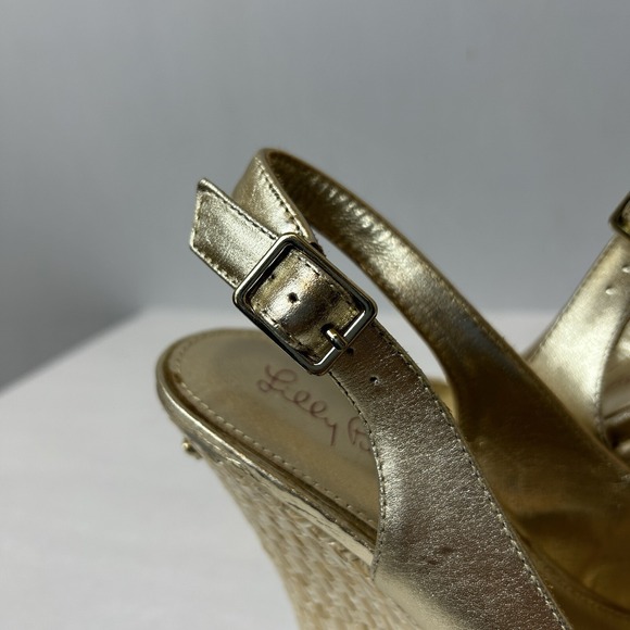 Lilly Pulitzer Shoes Womens 5.5 Gold Sandals Wedge Heels Slingback Kristen - Picture 7 of 15
